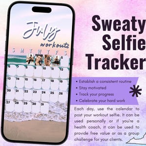 Suivi d'entraînement pour selfies en sueur de juillet 2025 • BODi, Beachbody, fitness, bien-être, suivi des réseaux sociaux, modèle d'histoires, calendrier mensuel
