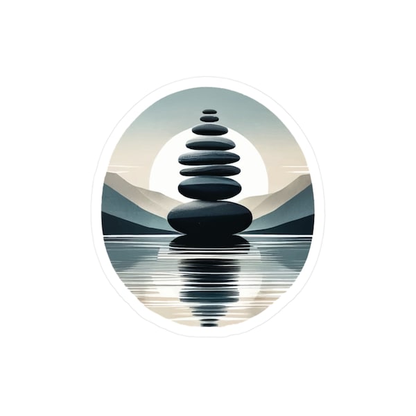 Stacked Pebbles Vinyl Sticker - Calm Lake Reflection Decal, Zen Rock Balance, Serene Nature Scene, Outdoor Quality