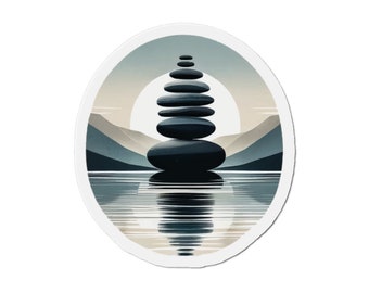 Zen Cairn Magnet - Stacked Stones Serenity, Moonlit Lake Reflection, Peaceful Mountain Scene Fridge Decor