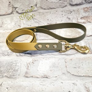 May include: A green and gold dog leash with a gold clasp and silver rivets. The leash is made of rubber and has a two-tone design.
