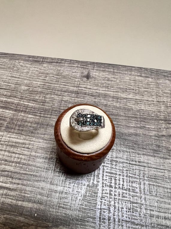 14K Solid White Gold Buckle Ring with Diamonds an… - image 1