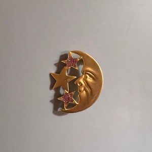 Vintage Moon with Stars and Rhinestones Brooch/Pin. Has Beautiful Pink Rhinestones. A Nice Addition to Your Outfits. A Nice Gift.