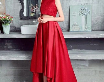 Formal Train Skirt & Lace Top Combo Dress Date Nights, Bridesmaid Party Wear Hidden Zip | Elegant red satin skirt, maxi high waist |