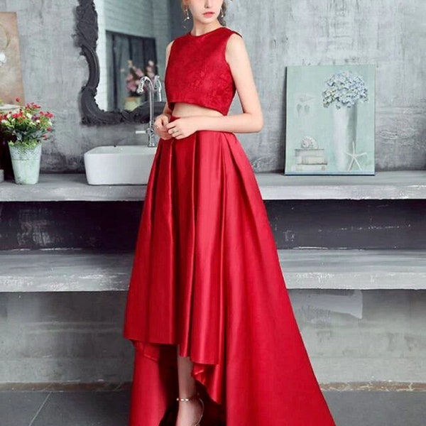 Formal Train Skirt & Lace Top Combo Dress Date Nights, Bridesmaid Party Wear Hidden Zip | Elegant red satin skirt, maxi high waist |