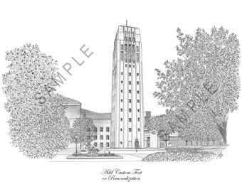 May include: Black and white line drawing of a tall building with a clock tower. The building is surrounded by trees. The text "Add Custom Text or Personalization" is at the bottom of the image.