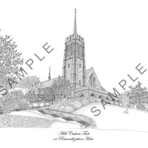 May include: A black and white line drawing of a church with a tall steeple and a stone facade. The church is surrounded by trees and a stone wall with steps leading up to the entrance. The text "Add Custom Text or Personalization Here" is at the bottom of the image.