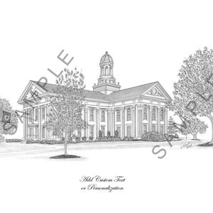 May include: A black and white line drawing of a historic building with a tall central tower and a large front porch. The building is surrounded by trees and a paved walkway.