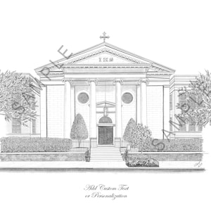 May include: A black and white pencil drawing of a church building with a cross on top. The church has a large front door and several windows. There are trees and bushes in front of the church.