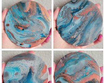 Acrylic Pouring Round Coaster Set of 4 - Marbled Turquoise and Copper- Circle Ceramic Coasters - Resin and Cork Back