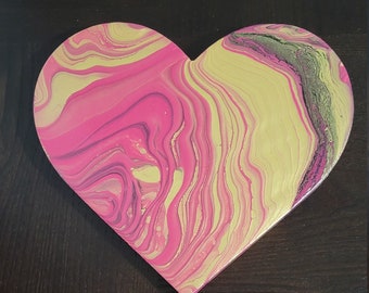 Original Marbled Gold And Pink Acrylic Pouring Painting In Wooden Heart - Aesthetic Heart Acrylic Painting Decor - Anniversary Gift Ideas