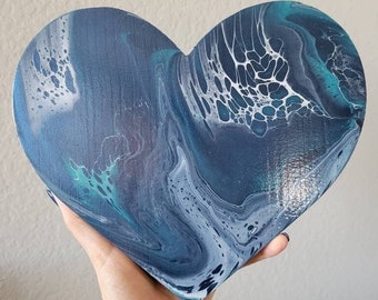 Original Marbled Blue and White Acrylic Pouring Painting In Wooden Heart - Aesthetic Heart Acrylic Painting Decor - Anniversary Gift Ideas