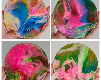 Acrylic Pouring Round Coaster Set of 4 - Marbled Neon Bright  Colors - Circle Ceramic Coasters - Resin and Cork Back