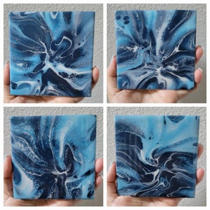 Set of 4 Acrylic Marbled Blue Turquoise Pouring  Coaster - Aesthetic Blue Marbled Turquoise Coasters-Resin and Cork Back Coaster