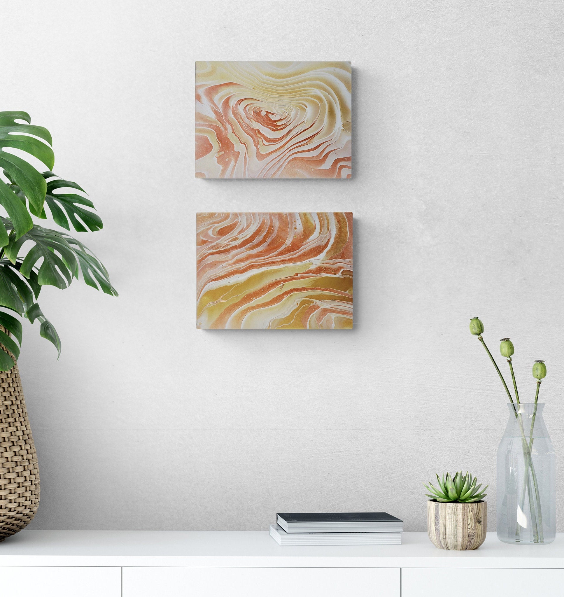 Copper and White set of 2-12x12in  Golden Gem modern wall art Silver Original Acrylic Abstract Metallic Gold