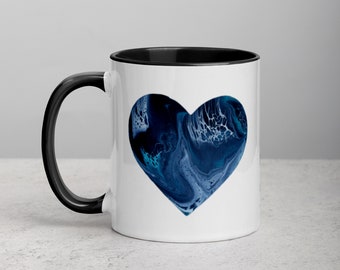 Romantic Blue Heart Abstract Ceramic Coffee Mug - Beautiful Heart Design Tea Cup - Spice Blue Graphic Coffee Mug - Wedding Gift Ideas