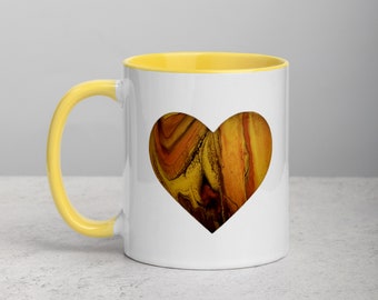 Romantic Gold Heart Abstract Graphic Ceramic Coffee Mug - Beautiful Heart Tea Cup - Spice Red Gold Graphic Coffee Mug - Wedding Gift Ideas