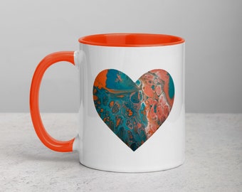 Romantic Coral Heart Abstract Graphic  Coffee Mug - Beautiful Heart Design Tea Cup - Coral Teal Graphic Coffee Mug - Wedding Gift Ideas