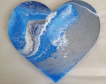 Original Marbled Blue and Silver Acrylic Pouring Painting In Wooden Heart - Aesthetic Heart Acrylic Painting Decor - Anniversary Gift Ideas