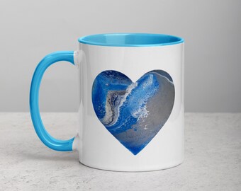 Romantic Blue Heart Abstract Ceramic Coffee Mug - Beautiful Heart Design Tea Cup - Spice Blue Graphic Coffee Mug - Wedding Gift Ideas