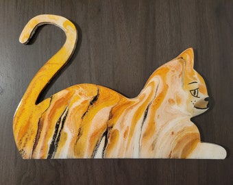 Abstract Painted Wood Cat cut out, Stripped Gold Cat painting, Fun Cat Decor, Kids Room Decor, Home & Room Déco