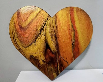 Original Marbled Gold And Copper Acrylic Pouring Painting In Wooden Heart - Aesthetic Heart Acrylic Painting Decor - Anniversary Gift Ideas