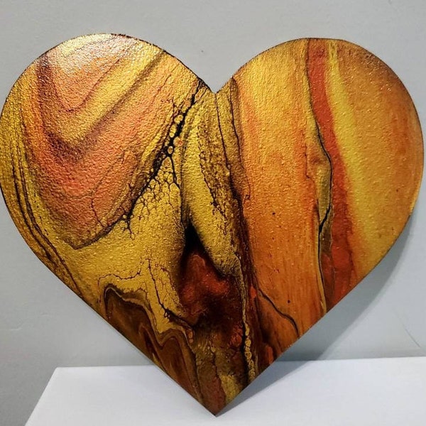 Original Marbled Gold And Copper Acrylic Pouring Painting In Wooden Heart - Aesthetic Heart Acrylic Painting Decor - Anniversary Gift Ideas