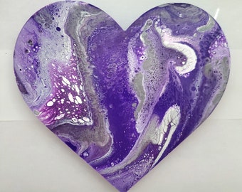 Original Marbled Purple and White Acrylic Pouring Painting In Wooden Heart - Aesthetic Heart Acrylic Painting Decor - Anniversary Gift Ideas