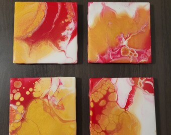Set of 4 Acrylic Marbled Gold Red White Pouring  Coaster - Aesthetic Gold Marbled Red Coasters-Resin and Cork Back Coaster
