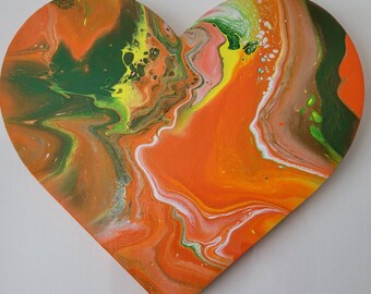 Original Marbled Orange and Green Acrylic Pouring Painting In Wooden Heart - Aesthetic Heart Acrylic Painting Decor - Anniversary Gift Ideas