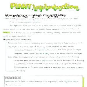 May include: Handwritten notes on a white background explaining plant reproduction, focusing on flowering and gene expression. The notes discuss factors affecting flowering, including temperature, day length, and light. The notes also discuss photoperiods and the role of phytochrome in regulating flowering.