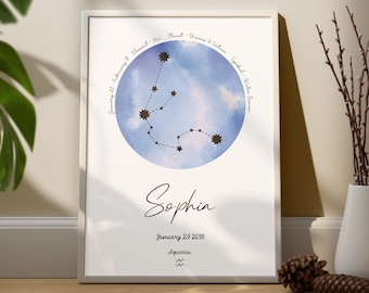 Custom Zodiac Constellation Print, Star Sign Gift, Astrology Print, Zodiac Gift, Aquarius Print, Nursery Decor, Leo Date Print, Star Sign