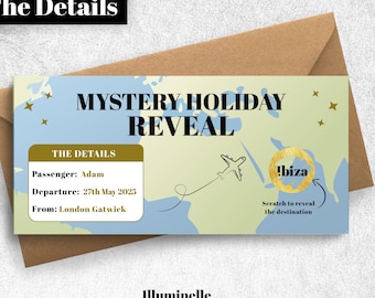 Personalised Mystery Holiday Reveal Scratch Card – Travel Gift Voucher Ticket for Surprise Trip Announcement