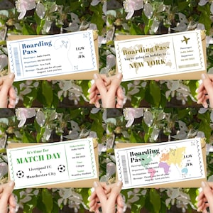 K&ouml;nnte beinhalten: Vier Bordkarten-Designs mit Text und Grafiken zum Thema Reisen. Zwei P&auml;sse sind f&uuml;r New York, einer f&uuml;r ein Fu&szlig;ballspiel und einer mit einer Weltkarte. Jeder Pass wird von H&auml;nden vor einem floralen Hintergrund gehalten.