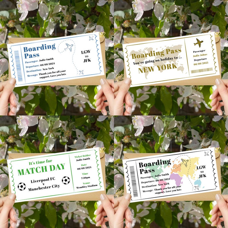 K&ouml;nnte beinhalten: Vier Bordkarten-Designs mit Text und Grafiken zum Thema Reisen. Zwei P&auml;sse sind f&uuml;r New York, einer f&uuml;r ein Fu&szlig;ballspiel und einer mit einer Weltkarte. Jeder Pass wird von H&auml;nden vor einem floralen Hintergrund gehalten.