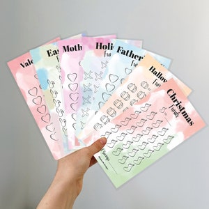 May include: A set of ten colourful printable savings trackers for different holidays, including Valentine's Day, Easter, Mother's Day, Holi, Father's Day, Halloween, and Christmas. Each tracker features a different icon and a space to track savings goals.
