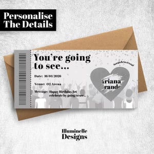 K&ouml;nnte beinhalten: Ein personalisiertes Konzertticket-Design mit dem Text "You're going to see..." und "Ariana Grande" auf einem herzf&ouml;rmigen Rubbelfeld. Enth&auml;lt Datum, Veranstaltungsort und eine Geburtstagsnachricht. Das Design ist vor einer Silhouette einer Menschenmenge.