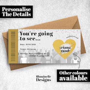 K&ouml;nnte beinhalten: Ein personalisiertes Ticketdesign mit dem Text "You're going to see..." und einem herzf&ouml;rmigen Rubbelbereich. Das Ticket enth&auml;lt Datum, Veranstaltungsort und eine Nachricht. Das Design befindet sich auf einem braunen Umschlag.