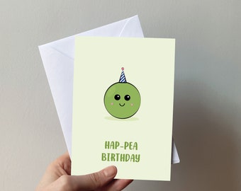 Hap-pea birthday, cute pea card, pun greeting card, animated greeting card for children, friends, Eco Friendly, Envelope included, A6 size