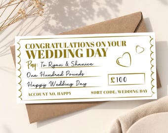 Personalised Wedding Cheque Card: Surprise Money Gift Ticket with Envelope