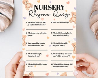 Teddy Bear Baby Shower Nursery Rhyme Quiz Game: Teddy Theme Party