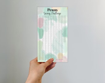 May include: A colorful printable chart with the text "Penny Saving Challenge" at the top. The chart lists numbers from 1 to 365, with corresponding amounts of money to save each day, starting with $0.01 and increasing by $0.01 each day.