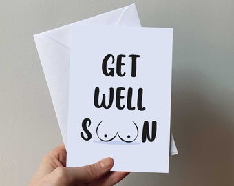 Get Well Soon - A6 Boob Job Card, New boobs card, breast surgery, breast reduction card, get well, congratulations, Boobies, boobs, unwell
