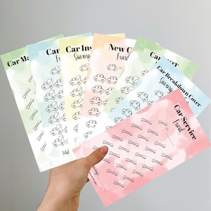 May include: Five colourful printable charts for tracking car-related savings. Each chart features a different category: Car Maintenance, Car Insurance, New Car Fund, Car Breakdown Cover, and Car Service Fund. The charts are decorated with car and wrench icons.