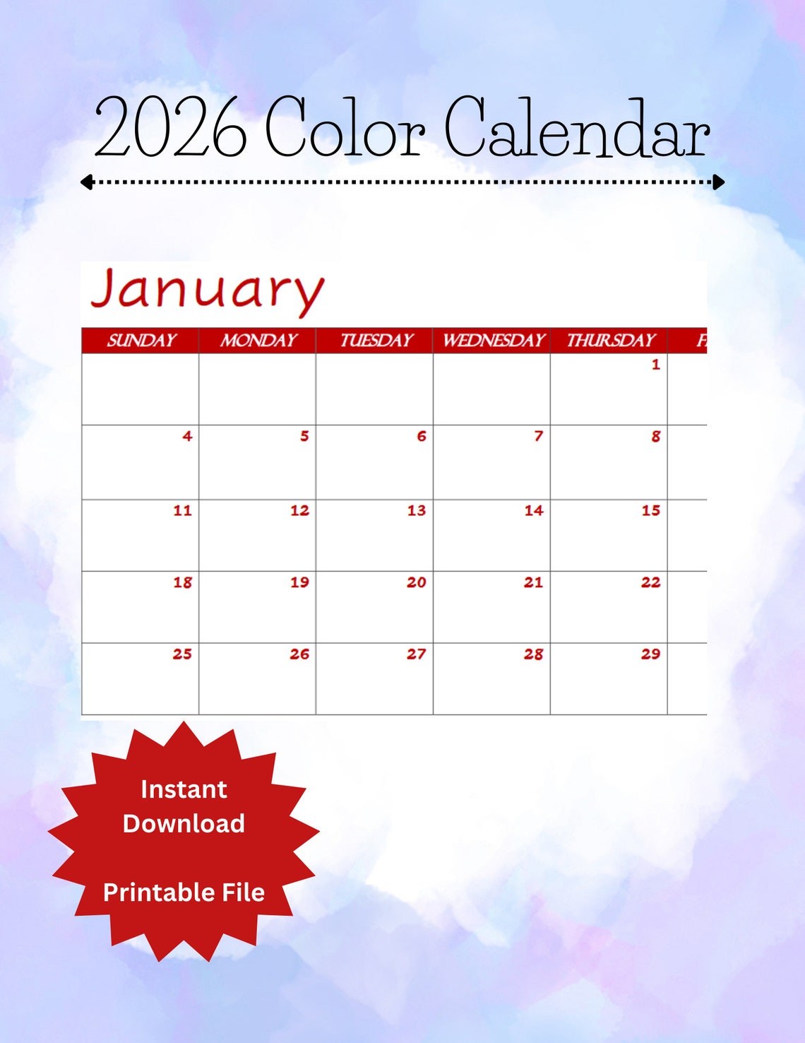 2026 Printable Calendar 2026 Color Calendar Printer Friendly Calendar