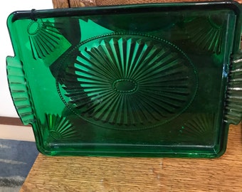 Vintage Art Deco emerald green serving tray with fans design from the 1920's-30's