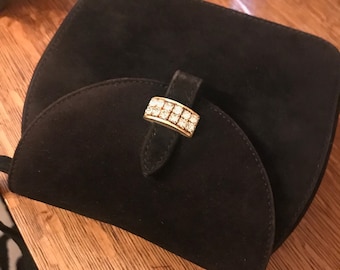 Vintage Neiman Marcus black suede purse with rhinestones accent. Retro!..