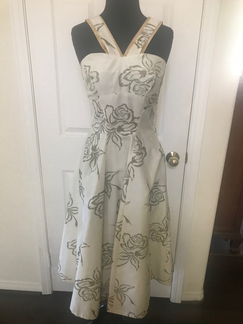 Vintage 50's rose print bombshell dress with metallic gold painted roses. image 6