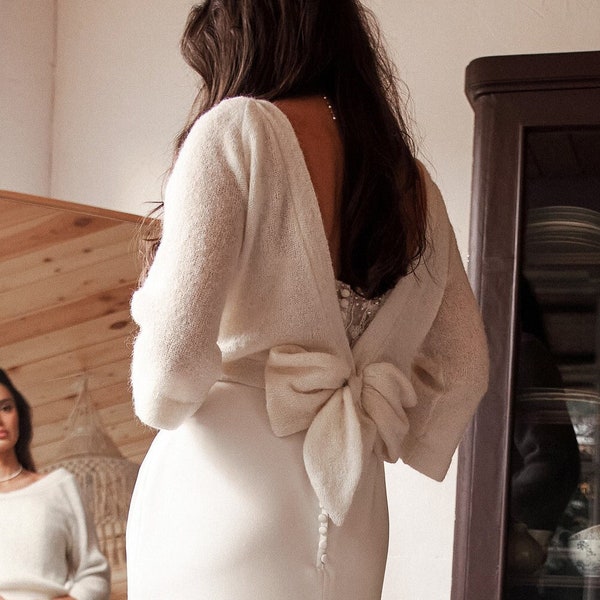 Pull de mariée en tricot avec arc en crème, haut de pull de mariage à col en V, enveloppement tricoté Angora Mohair pour robe de mariée, haussement d’épaules romantique et boléros