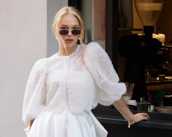 Puff Tulle Sleeves Wedding Top: Removable Bridal Ball Cover-Up, Elegant White Evening Bolero