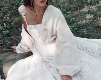 Vegan Angora Wool Bridal Cover-Up: spring wedding coat for bride, bridal sweater for autumn wedding dress. Blush bridal jacket & cardigan